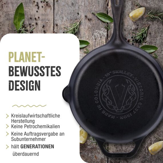 VICTORIA Bratpfanne Gusseisenpfanne Eingebrannte, Induction 25cm Geeignet für Feuer, Grill, Backofen, Ceranfeld, Gas, Cast Iron Skillet Cured, Toxic Free Non-Stick Kochgeschirr ohne PTFE oder PFOA