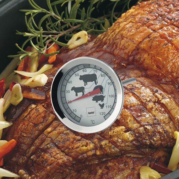 kela Bräter mit Deckel mit Aromaknopf 8 Liter KERROS mit Bratenthermometer, Induktion Bräter oval, Aluguss beschichtet, Schmortopf backofengeeignet