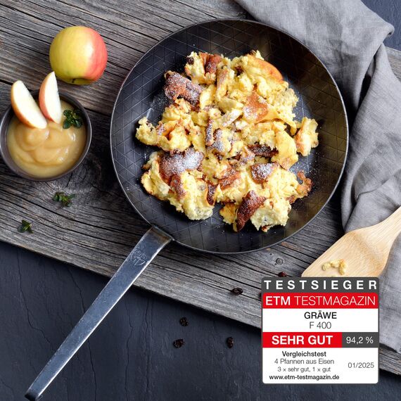 GRÄWE Schmiedeeiserne Bratpfanne F400, Ø 28 cm, hoher Rand, Eisenpfanne mit Wender, 400° C hitzebeständig, Pfanne aus Eisen, kratzfeste Bratpfanne, unbeschichtet, Outdoor-Cooking, induktionsgeeignet