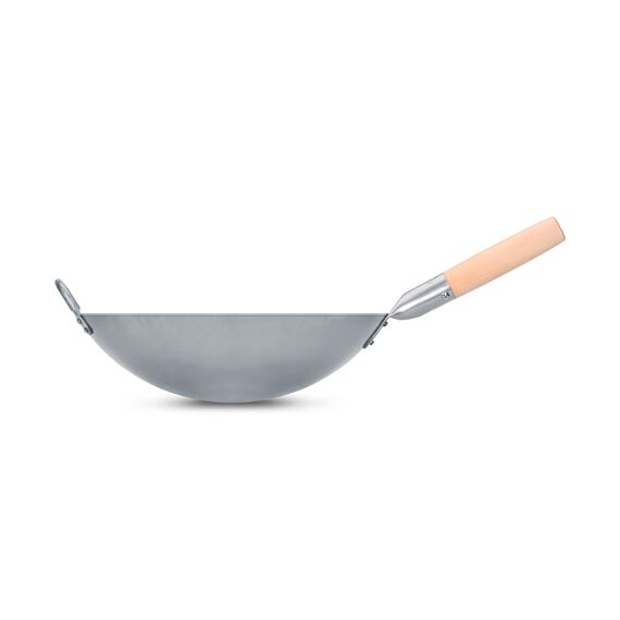 Craft Wok Traditioneller handgehämmerter Wok aus Karbonstahl mit Griff aus Holz und Stahl (Durchmesser 35,6 cm, Rundboden)/731W88