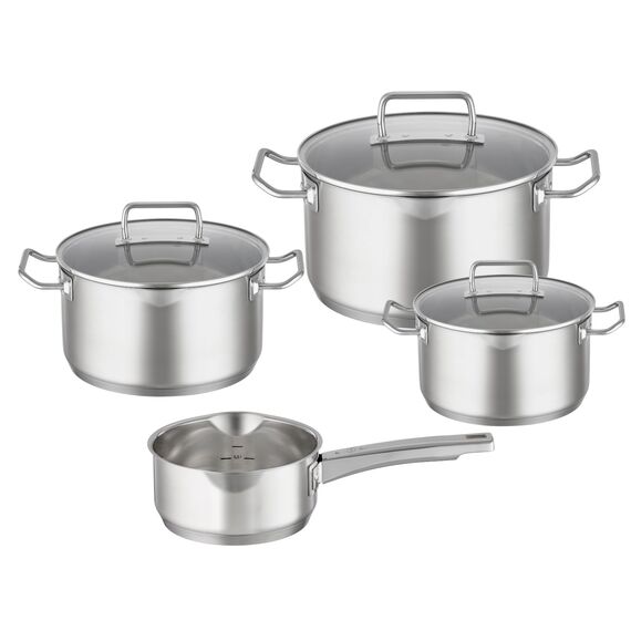 RÖSLE EXPERTISO Topf-Set 4-tlg., hochwertiges Universaltopfset mit 3 Kochtöpfen und 1 Stielkasserolle, Edelstahl 18/10, Glasdeckel, Innenskalierung, induktionsgeeignet, spülmaschinengeeignet