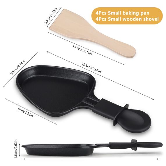 Pfännchen Mini 4 Stücke Antihaftbeschichtet Grill Pfännchen Viereckig Mini Raclette Grill mit 4 Holzschaufel für Universal Elektrogrill Käse Eier（Dreieck）