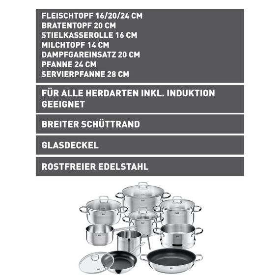 Silit Toskana Topfset induktionsgeeignet 10-teilig, Kochtopf Set mit Glasdeckel, Induktionskochtöpfe, Milchtopf, Dämpfer, Pfanne, Edelstahl teilmattiert, Induktions Töpfe Set unbeschichtet