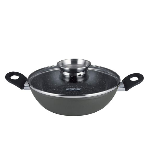 STONELINE Ceramic Servierpfanne 28 cm Hoher Rand Keramikpfanne Induktion Antihaft Pfanne mit Deckel, Keramikbeschichtung mit echten Steinpartikeln, PFAS frei, Für alle Herdarten, Backofengeeignet