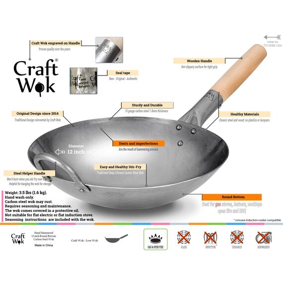 Craft Wok Traditioneller handgehämmerter Karbonstahl Pow Wok mit Holz- und Stahl-Helfergriff (30,5 cm, runder Boden) / 731W88-12in