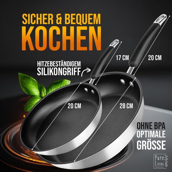 Pfannenset Induktion für alle Herdarten 20cm und 28cm beschichtete Pfannen aus Edelstahl - 10 JAHRE GARANTIE, Optimierte Griffe, Perfekte Hitzeverteilung, Spülmaschinen- und Ofenfest - Bratpfanne Set