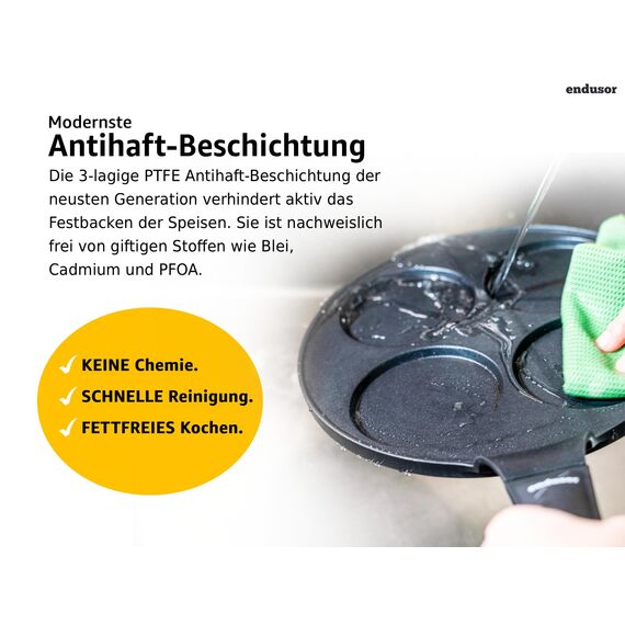 endusor Pancake Pfanne Spiegeleipfanne - Ø26cm mit [PowerShield]-Beschichtung | Induktion Ceran Gas Elektro | 4x Form Maker Eierpfanne, Spiegelei Liwanzen Poffertjes Blinis