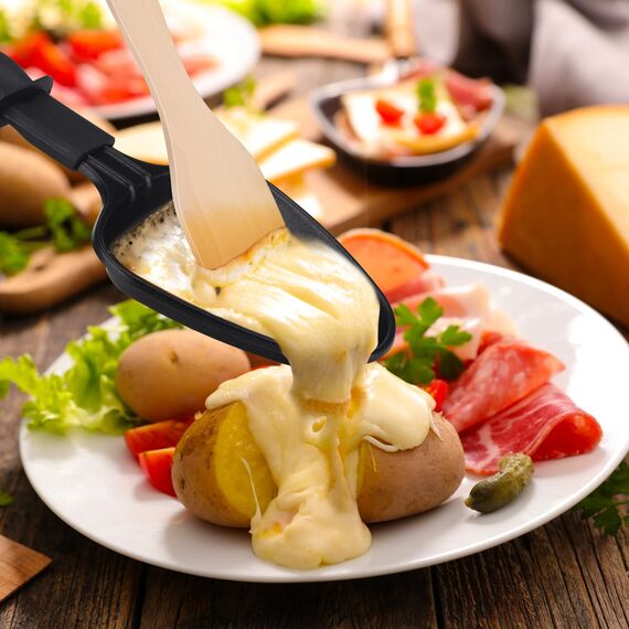 Pfännchen Mini 4 Stücke Antihaftbeschichtet Grill Pfännchen Viereckig Mini Raclette Grill mit 4 Holzschaufel für Universal Elektrogrill Käse Eier（Dreieck）