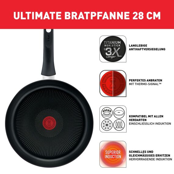 Tefal Ultimate On Bratpfanne 28 cm hoher Rand, Pfanne Induktion mit Titan Antihaftversiegelung, Thermo-Signal bei idealer Brattemperatur, schnelles Erwärmen, für alle Herdarten geeignet, G26006
