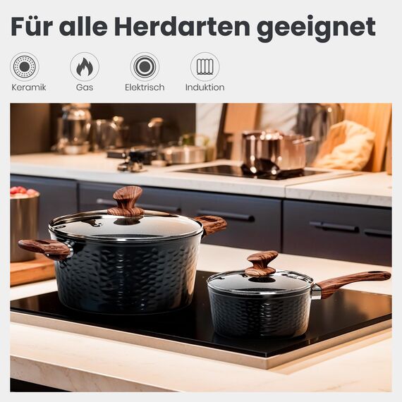 DishDelight Induktion Töpfe Set Topf und Pfannenset 15-teilige Granit Schwarz Topfset Induktion Kochtopf Pfanne mit Deckel Bratpfanne