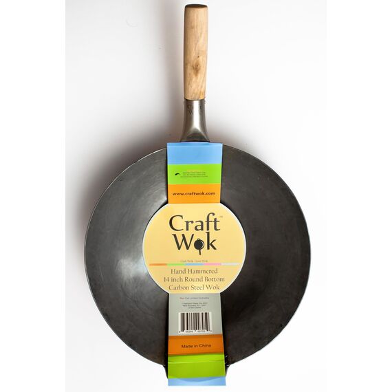 Craft Wok Traditioneller handgehämmerter Wok aus Karbonstahl mit Griff aus Holz und Stahl (Durchmesser 35,6 cm, Rundboden)/731W88