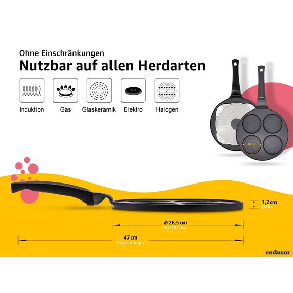 endusor Pancake Pfanne Spiegeleipfanne - Ø26cm mit [PowerShield]-Beschichtung | Induktion Ceran Gas Elektro | 4x Form Maker Eierpfanne, Spiegelei Liwanzen Poffertjes Blinis