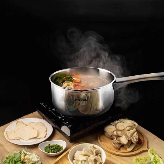 Wecook! Stielkasserolle 16cm, kasserolle, klein, kleiner Topf Induktion 1,5l, Edelstahl, stapelbar, für kleine Portionen, Singlehaushalt