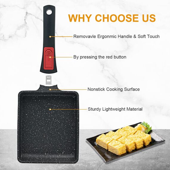 Bobikuke Tamagoyaki Pfanne Antihaft Omlettenpfanne, Rechteck japanische pfanne mit Abnehmbarer Griff, Geeignet für alle Herdarten, Backofen und spülmaschinenfest, 19 x 16 cm