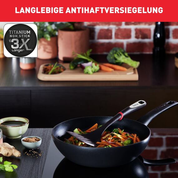 Tefal Ultimate On Wokpfanne Induktion 28 cm, Antihaftversiegelung mit Titanpartikel-Verstärkung, Thermo-Signal bei idealer Brattemperatur, geeignet für alle Herdarten, schwarz, G26019