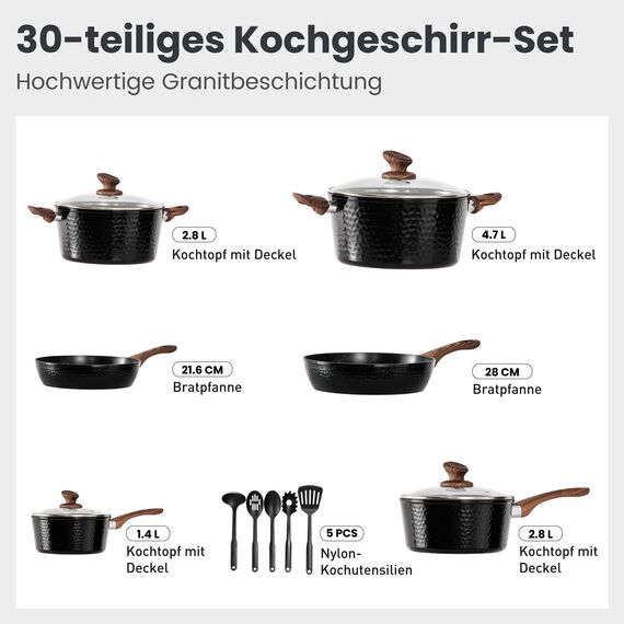 DishDelight Induktion Töpfe Set Topf und Pfannenset 15-teilige Granit Schwarz Topfset Induktion Kochtopf Pfanne mit Deckel Bratpfanne