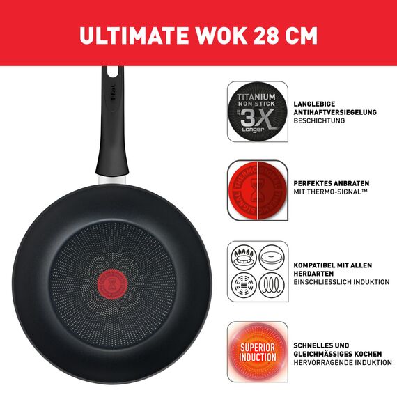 Tefal Ultimate On Wokpfanne Induktion 28 cm, Antihaftversiegelung mit Titanpartikel-Verstärkung, Thermo-Signal bei idealer Brattemperatur, geeignet für alle Herdarten, schwarz, G26019