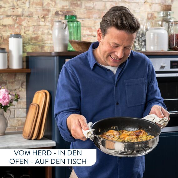 Tefal Jamie Oliver Cook‘s Classic Servierpfanne 30 cm, Schmorpfanne Induktion mit Antihaftversiegelung, Thermo-Signal bei idealer Brattemperatur, für alle Herdarten geeignet, Edelstahl, E30690