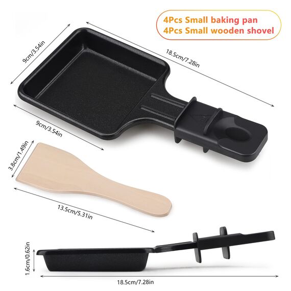 Pfännchen Mini 4 Stücke Antihaftbeschichtet Grill Pfännchen Viereckig Mini Raclette Grill mit 4 Holzschaufel für Universal Elektrogrill Käse Eier（Quadrat）