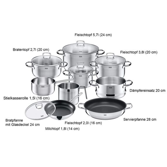 Silit Toskana Topfset induktionsgeeignet 10-teilig, Kochtopf Set mit Glasdeckel, Induktionskochtöpfe, Milchtopf, Dämpfer, Pfanne, Edelstahl teilmattiert, Induktions Töpfe Set unbeschichtet