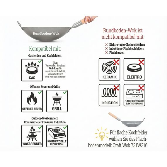 Craft Wok Traditioneller handgehämmerter Wok aus Karbonstahl mit Griff aus Holz und Stahl (Durchmesser 35,6 cm, Rundboden)/731W88