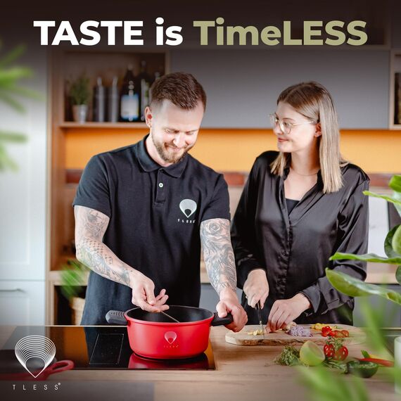 TLESS® 2in1 Aluguss Bräter mit Deckel backofengeeignet | Schmorpfanne & Schmortopf oder als Bratentopf für Induktion | sehr leicht & widerstandsfähig | Ø 24 cm 4 Liter rot