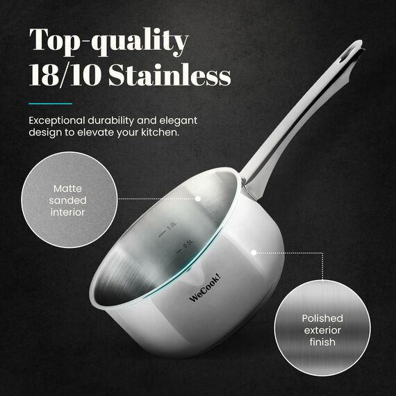 Wecook! Stielkasserolle 16cm, kasserolle, klein, kleiner Topf Induktion 1,5l, Edelstahl, stapelbar, für kleine Portionen, Singlehaushalt