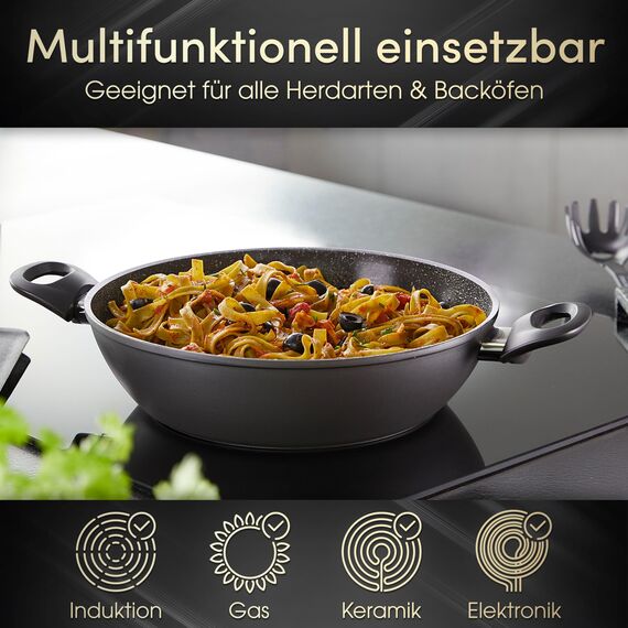 STONELINE Ceramic Servierpfanne 28 cm Hoher Rand Keramikpfanne Induktion Antihaft Pfanne mit Deckel, Keramikbeschichtung mit echten Steinpartikeln, PFAS frei, Für alle Herdarten, Backofengeeignet