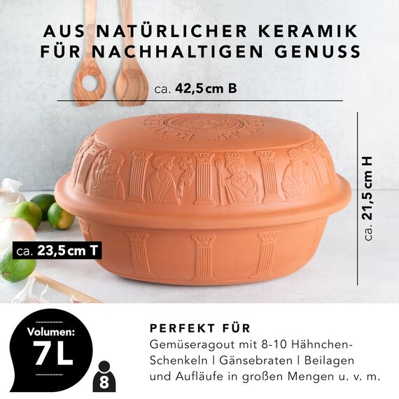 Römertopf Bräter MAXI Klassiker Gänsebräter aus Naturton, 7 Liter, für bis zu 8 Personen, Dampfgarer-Prinzip für saftige Braten, ca. 42,5 x 32,5 cm, ofenfest und spülmaschinengeeignet