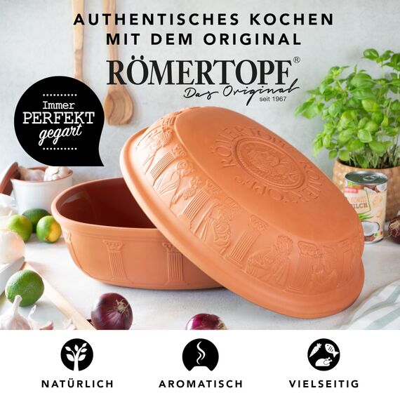 Römertopf Bräter MAXI Klassiker Gänsebräter aus Naturton, 7 Liter, für bis zu 8 Personen, Dampfgarer-Prinzip für saftige Braten, ca. 42,5 x 32,5 cm, ofenfest und spülmaschinengeeignet