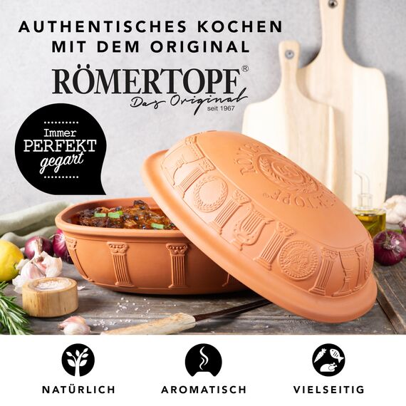 Römertopf Bräter 40 Jahre Jubiläums-Edition, Dampfgarer aus Naturton, 3,5 Liter, oval 34 x 26 x 19 cm, Terrakotta, für bis zu 6 Personen, schonendes Garen mit Dunst, ofenfest & pflegeleicht