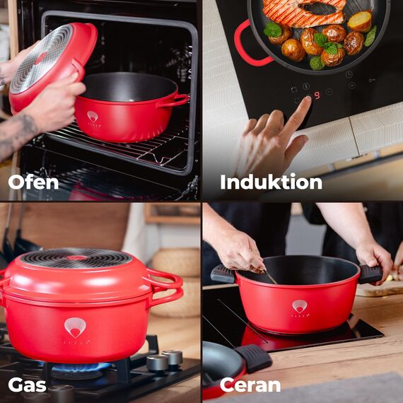 TLESS® 2in1 Aluguss Bräter mit Deckel backofengeeignet | Schmorpfanne & Schmortopf oder als Bratentopf für Induktion | sehr leicht & widerstandsfähig | Ø 24 cm 4 Liter rot