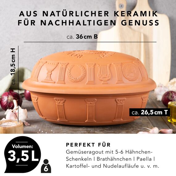 Römertopf Bräter 40 Jahre Jubiläums-Edition, Dampfgarer aus Naturton, 3,5 Liter, oval 34 x 26 x 19 cm, Terrakotta, für bis zu 6 Personen, schonendes Garen mit Dunst, ofenfest & pflegeleicht