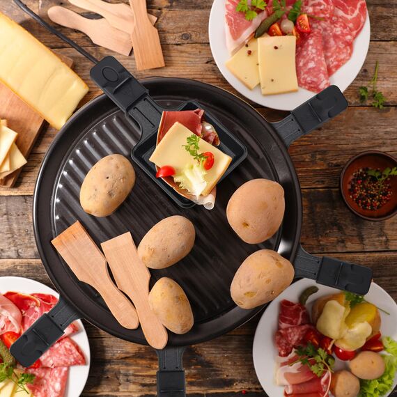 Pfännchen Mini 4 Stücke Antihaftbeschichtet Grill Pfännchen Viereckig Mini Raclette Grill mit 4 Holzschaufel für Universal Elektrogrill Käse Eier（Quadrat）
