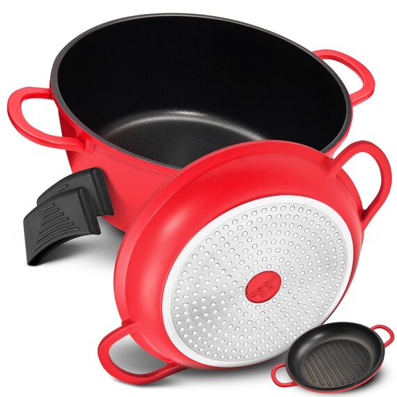 TLESS® 2in1 Aluguss Bräter mit Deckel backofengeeignet | Schmorpfanne & Schmortopf oder als Bratentopf für Induktion | sehr leicht & widerstandsfähig | Ø 24 cm 4 Liter rot