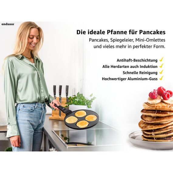 endusor Pancake Pfanne Spiegeleipfanne - Ø26cm mit [PowerShield]-Beschichtung | Induktion Ceran Gas Elektro | 4x Form Maker Eierpfanne, Spiegelei Liwanzen Poffertjes Blinis
