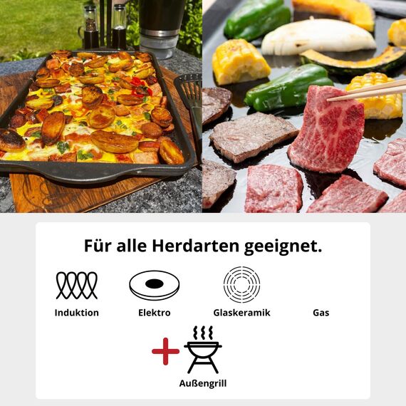 Lieblingspfanne Teppanyaki Grillplatte XXL 43x28 cm - mit Seitengriffen - glatte antihaftbeschichtete Plancha aus Aluminium Guss für alle Herdarten inkl. Induktion und Außengrill