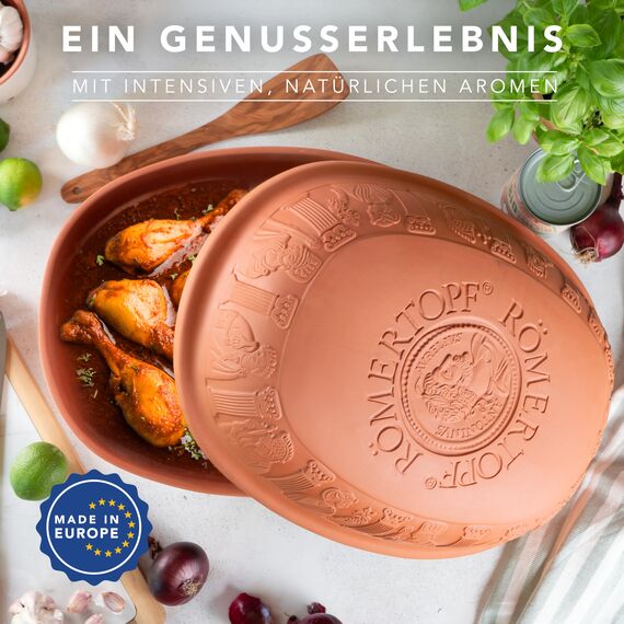Römertopf Bräter MAXI Klassiker Gänsebräter aus Naturton, 7 Liter, für bis zu 8 Personen, Dampfgarer-Prinzip für saftige Braten, ca. 42,5 x 32,5 cm, ofenfest und spülmaschinengeeignet