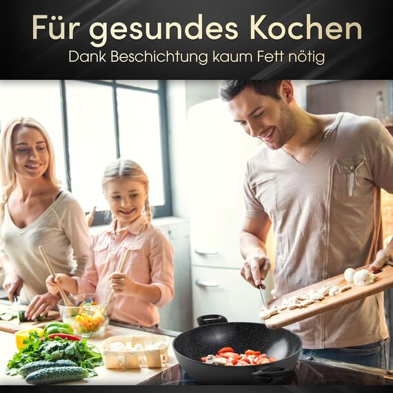 STONELINE Ceramic Servierpfanne 28 cm Hoher Rand Keramikpfanne Induktion Antihaft Pfanne mit Deckel, Keramikbeschichtung mit echten Steinpartikeln, PFAS frei, Für alle Herdarten, Backofengeeignet