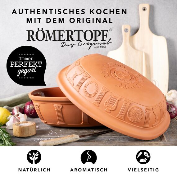 Römertopf Bräter 50 Jahre JUBILÄUM Terrakotta für 6-8 Personen - 5 Liter Schmortopf mit Deckel aus Keramik - Zum Schmoren, Braten und Dampfgaren - Backofengeeignet