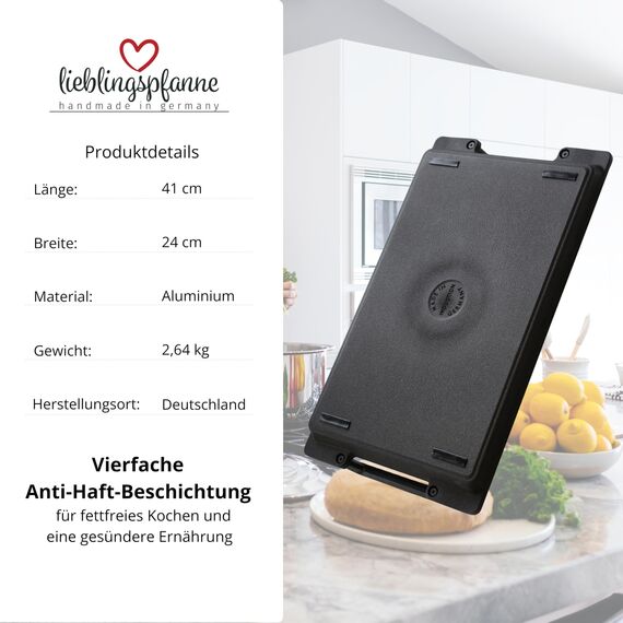 Lieblingspfanne Teppanyaki Grillplatte 41x24 cm I mit Seitengriffen I glatte antihaftbeschichtete Plancha aus Aluminium Guss für alle Herdarten inkl. Induktion & Backofen