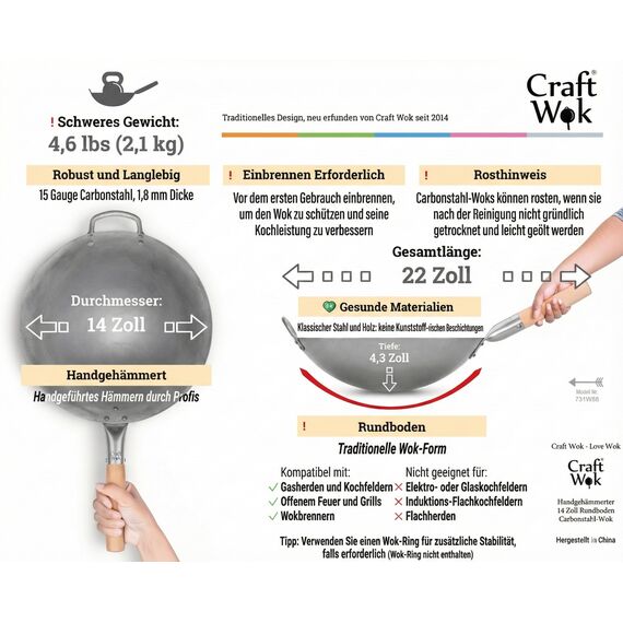 Craft Wok Traditioneller handgehämmerter Wok aus Karbonstahl mit Griff aus Holz und Stahl (Durchmesser 35,6 cm, Rundboden)/731W88