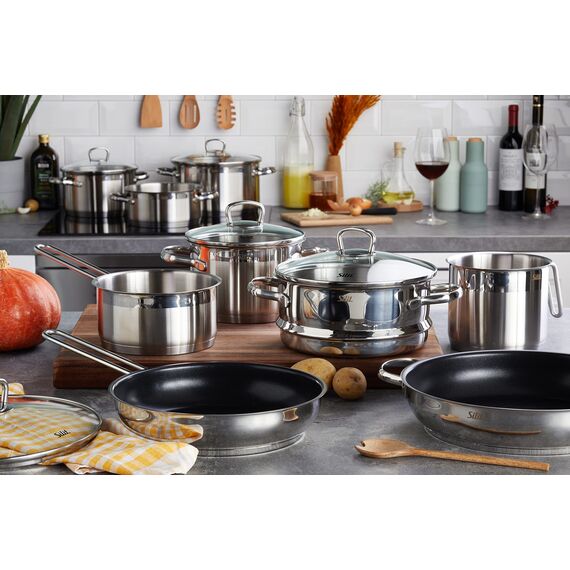 Silit Toskana Topfset induktionsgeeignet 10-teilig, Kochtopf Set mit Glasdeckel, Induktionskochtöpfe, Milchtopf, Dämpfer, Pfanne, Edelstahl teilmattiert, Induktions Töpfe Set unbeschichtet