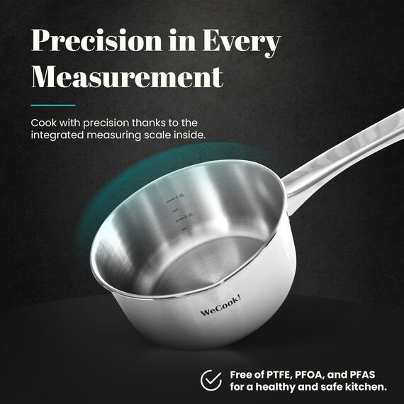 Wecook! Stielkasserolle 18cm, kasserolle, klein, kleiner Topf Induktion 2,1l, Edelstahl, stapelbar, für kleine Portionen, Singlehaushalt