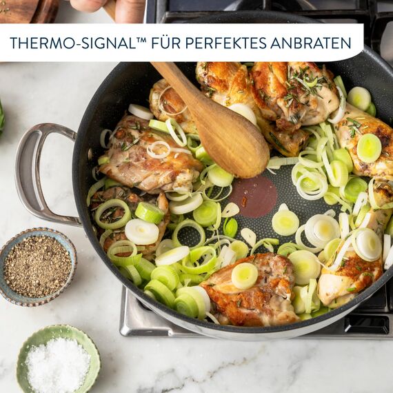 Tefal Jamie Oliver Cook‘s Classic Servierpfanne 30 cm, Schmorpfanne Induktion mit Antihaftversiegelung, Thermo-Signal bei idealer Brattemperatur, für alle Herdarten geeignet, Edelstahl, E30690