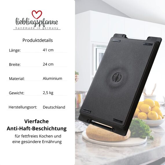 Lieblingspfanne Grillplatte BBQ 41x24 cm I mit Seitengriffen & 4-fach-Antihaftbeschichtung I aus Aluminium Guss für alle Herdarten inkl. Induktion & Gasgrill