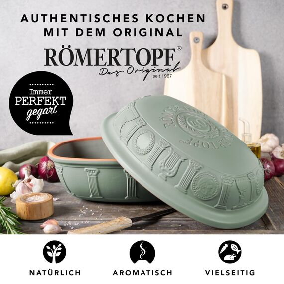 Römertopf Bräter 40 Jahre JUBILÄUM Grün für 6 Personen - 3,5 Liter Schmortopf mit Deckel aus Keramik - Zum Schmoren, Braten und Dampfgaren - Backofengeeignet
