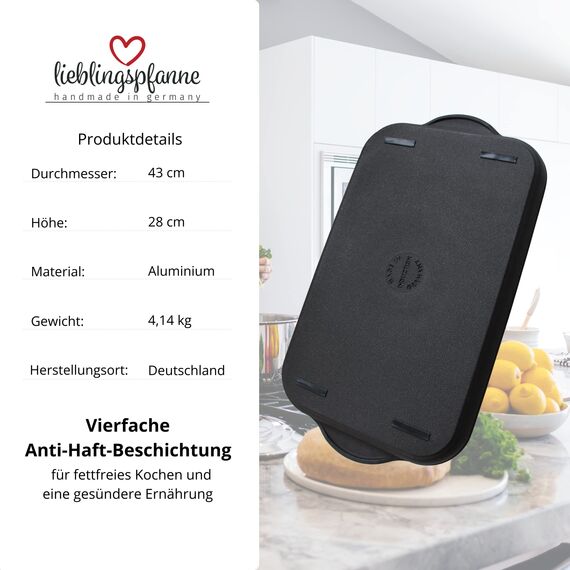 Lieblingspfanne Teppanyaki Grillplatte XXL 43x28 cm - mit Seitengriffen - glatte antihaftbeschichtete Plancha aus Aluminium Guss für alle Herdarten inkl. Induktion und Außengrill
