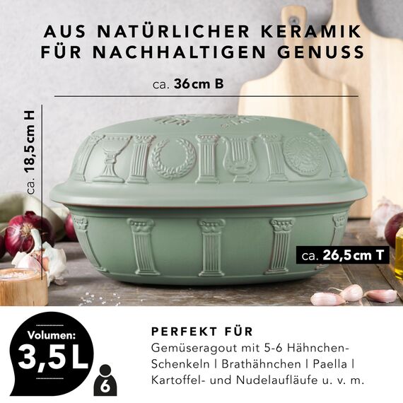 Römertopf Bräter 40 Jahre JUBILÄUM Grün für 6 Personen - 3,5 Liter Schmortopf mit Deckel aus Keramik - Zum Schmoren, Braten und Dampfgaren - Backofengeeignet