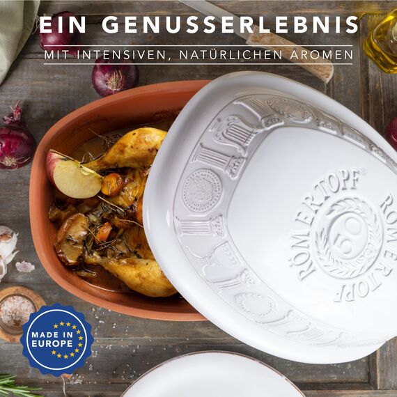 Römertopf Bräter 50 Jahre JUBILÄUM Weiß für 6-8 Personen - 5 Liter Schmortopf mit Deckel aus Keramik - Zum Schmoren, Braten und Dampfgaren - Backofengeeignet